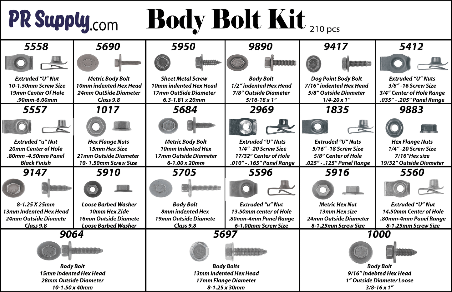 Body Bolts Assortment Kit - Hex Nuts - U-Nuts 210pcs