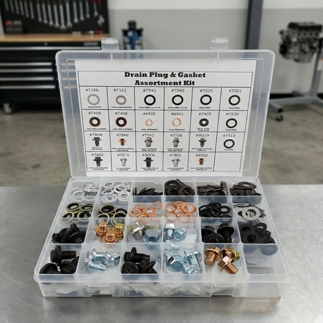 Drain plug and gasket assortment kit with labeled compartments on a metallic surface.