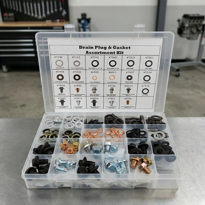 Drain plug and gasket assortment kit with labeled compartments on a metallic surface.