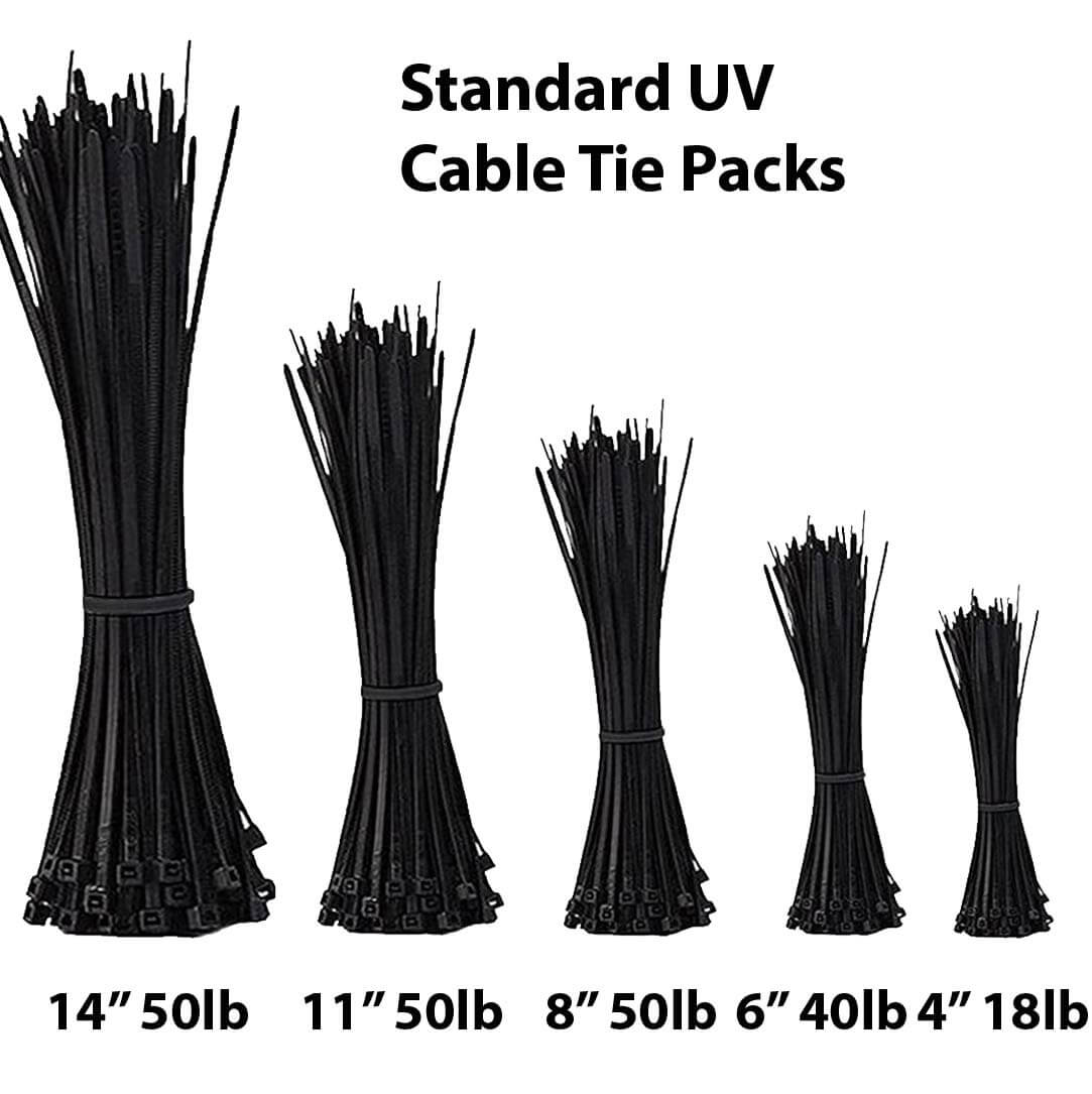 UV Black Zip Cable Ties Packs 4 6 8 11 14 - PR Supply